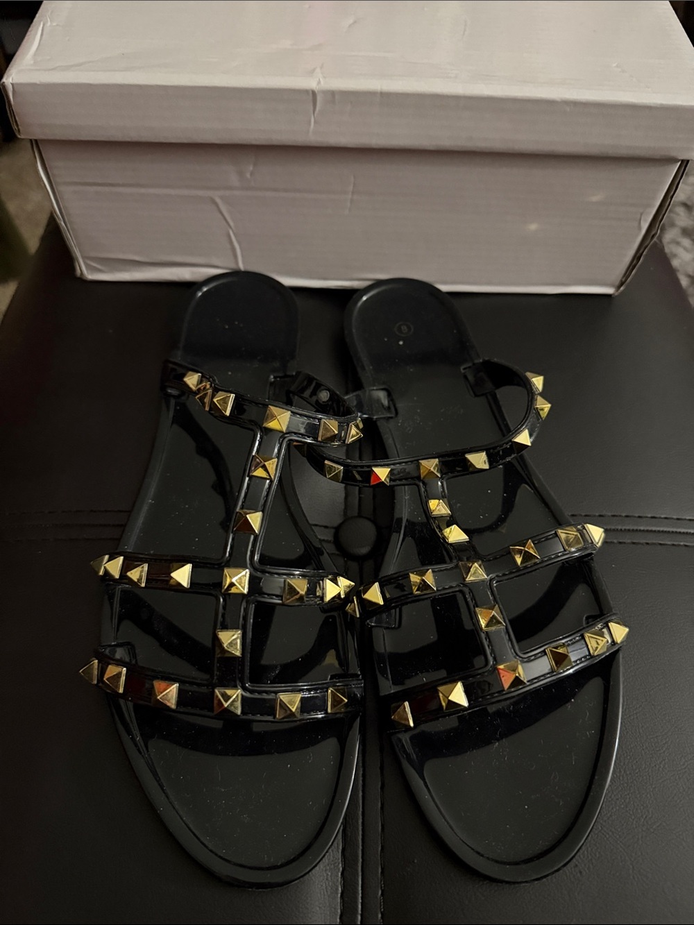 Black Patent Studded Slide Sandals